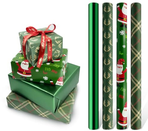 Green Gift Wrapping Paper Rolls, 4 Rolls 43cm*3 Meter Christmas Wrapping Paper Roll,Suitable for Xmas, Birthday, Party,Wedding,Baby Shower,Festival Gift Decorations
