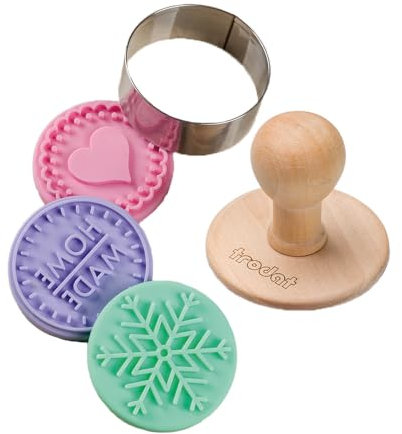 Trodat Keksstempel Set Home Made, Ø ca. 6 cm, Holzstempel, 3 wechselbare Silikon-Motiveinsätze, rostfreier Edelstahl-Ausstechring, spülmaschinenfest