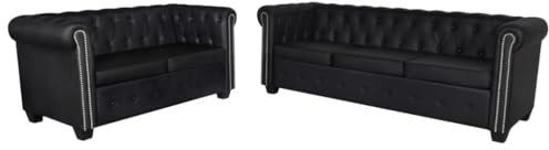 CINDERFUL Chesterfield-Sofas 2-Sitzer und 3-Sitzer Kunstleder Schwarz,Chesterfield SofaSet aus Kunstleder mit Knopfheftung und Nietenverzierungen für Wohnzimmer oder Büro Möbel, Wohnzimmer