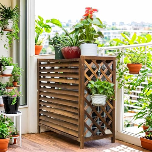 Klimaanlage Abdeckung Außengerät Holz Sichtschutzzaun Balkon Verkleidung Klimaanlage Außengerät Holz Blumenständer Für Draußen Wetterfest Schutzgitter Für Klimaanlagen Und Wärmepumpen(110x50x85cm)