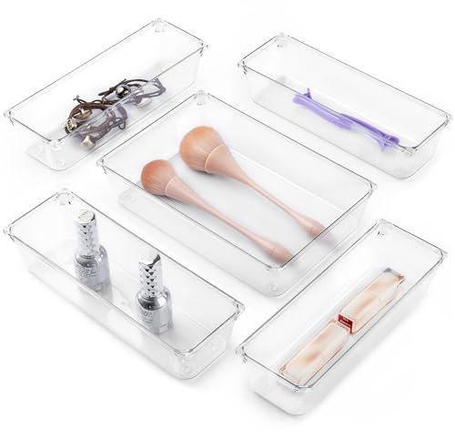 ASTOTSELL Lot de 5 bacs de rangement antidérapants en plastique transparent pour ustensiles de cuisine, couverts d'argenterie, maquillage, bijoux