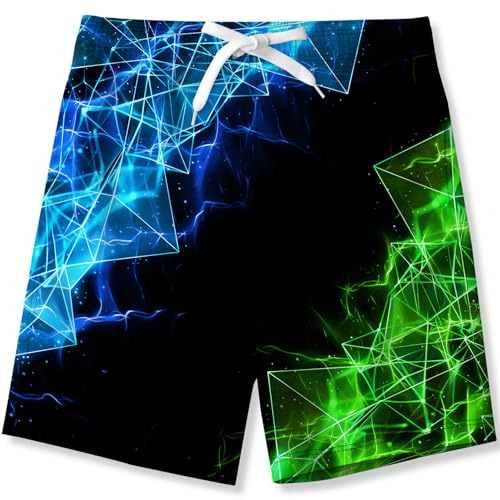 Kids4ever badshorts för pojkar roliga tryckta snabbtorkande strandshorts med nätfoder 6-14 år, Blå grön, 11-12 År