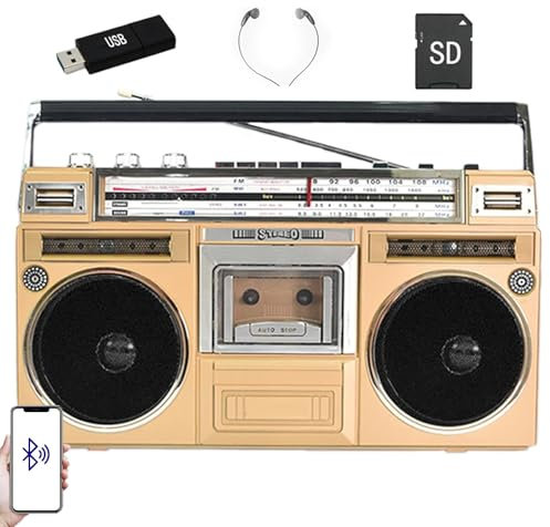 HDaspijh Reproductor De Casete Retro CláSico De Estilo De Los AñOs 80, Radio con Reproductor De Casete (Tarjeta De Memoria, USB, SD, TF, Auriculares, Cinta), para Reuniones Familiares Y Viajes,Gold