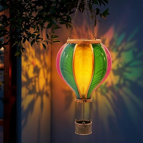 Solar LED Heißluftballon Lampe bunt zum Hängen - 45 cm - Garten Lichtspiel mit Flammen Effekt warm weiß - Deko Gartenleuchte Laterne Solarleuchte Dekoleuchte Stimmungslicht Hängelaterne Windlicht