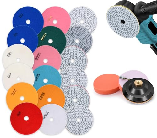 16 discos de pulido de diamante de 125 mm, incluye placa de apoyo de goma sólida M14, fieltro de lana, almohadilla de pulido de espuma, accesorio de broca de 8 mm, disco abrasivo de diamante 50