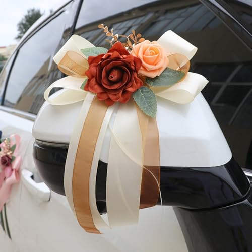 6 Stück Autoschleifen Hochzeit, Künstliche Blume Autoschmuck Schleifen, Auto Verschönert Rückspiegel Türgriff Dekoration für DIY Autoschmuck (Orange)