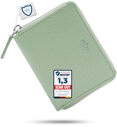 Baur Damplånbok i äkta läder mini | RFID-skydd | 6 kortfack | sedlar och myntfack, Mint grön, 12 x 9 x 2 cm, Silverdragkedja