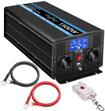 JIGUUN 1500W Inverter 12v 230v Pure Sine Voltage Converter with 30A Charger and Mains Priority Circuit & UPS, 2 EU Sockets, Wireless Remote Control and LCD Display Peak Power 3000W