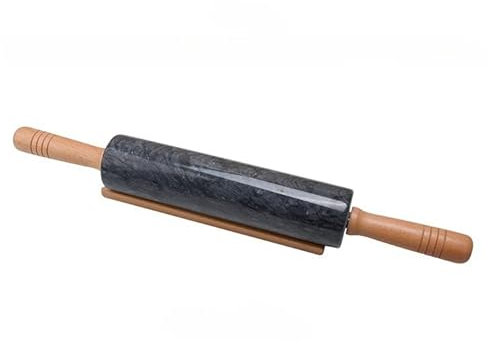 Mattarello in marmo da 48 cm con manici e base in legno, mattarello in marmo per cottura, pasticceria, pasta per pizza e altro ancora, superficie antiaderente lucida, rullo lungo per impasto (nero)