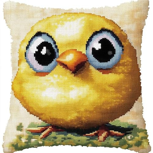 Wallphantom Süße Tiere Kreuzstich Kissen Vorgedruckt,Huhn mit großen Augen,11CT Stickset für Kreuzstichkissen,Stickset Anfänger,Handstickerei Kissenbezug Set,45x45cm