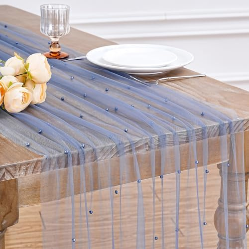 Tulle Pearl Table Runner 10ft Wedding Veil Dusty Blue Dessert Fabric Chiffon Pearl Lace Boho Glitter Sequins Overlay Banquet Aisle Sheer Runner Diamonds Party Decorations Doilies