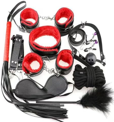 10PCS Sex Bondage BDSM Restraints Kits Sets with Blindfold Collar Handcuffs Ankle Cuffs Whip Gags Blindfolds Nipple Clamps Ropes Adult Games Foreplay Sexy Toys for Couples