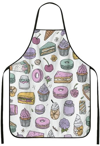 Delantales fantásticos para cocinar, colorido patrón de postre, delantal de cocina para adultos, divertido delantal culinario para cocinar en casa, barbacoa P, Blanco, 24x31 Inch
