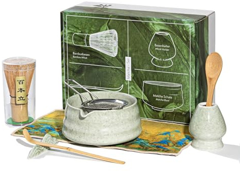 WLZP Matcha Kit 8 Piezas, Set de Té con Batidor, Tazón con Pico, Tamiz de Té, Soporte de Batidor, Cuchara, Pala, Toalla de Té y Soporte de Pala – Ideal para Amantes de Matcha y como Regalo