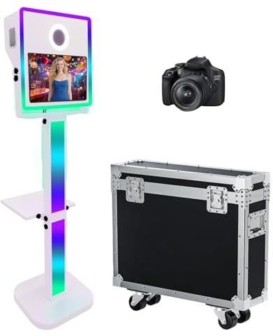 DSLR-Fotokabinen-Maschine, 15,6 Zoll, Selfie, tragbar, Touchscreen, Photobooth mit RGB-Licht für Hochzeiten, Veranstaltungen, Partys, Fotoautomaten mit Flugtasche (Weiß, Maschine + Kamera)
