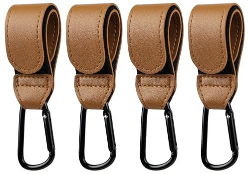 URAQT 4PCS Crochet Poussette, Mousqueton pour Poussette, Accessoire Poussette Marron Cuir PU Résistant pour Suspendre Sac à Courses/Sac à Main/Bouteille, Compatible avec Toutes de Poussettes