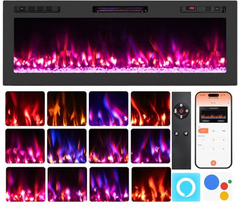 RELAX4LIFE Cheminée Électrique avec Chauffage 750W/1500W | Cheminee Decorative avec Effet Flamme LED | 12 Couleurs | 5 Luminosités | 5 Vitesses | Montage Mural/Encastrable | Contrôle App & WiFi | 37㎡
