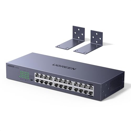 UGREEN 24 ports Network Switch,High-speed Gigabit Ethernet Splitter,Metal Case,RackMount Unmanaged Ethernet Switch Hub,Link Aggregation Plug & Play LAN Switch with L-Shaped Bracket