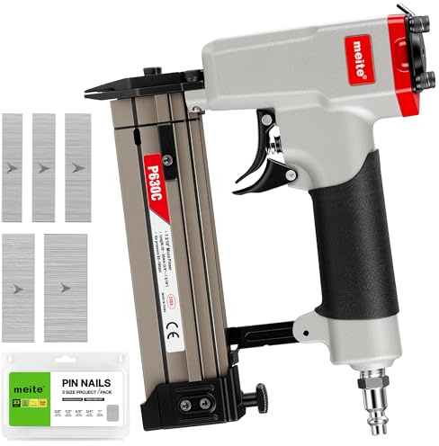meite 23 Gauge Pin Nailer with 10,000 Counts Nails (10 mm, 12 mm, 15 mm, 19 mm, 25 mm), Pneumatic Headless Pin Nail Gun, Accept 10 mm to 30 mm 23GA Pin Nails, Ideal for Cabinets, Crafts