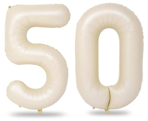 Ovanda Beige 40 Zoll Creme Weiß Folienballon 50, Zahlen Luftballon 50 Geburtstag, Riesen 101cm Geburtstag Mädchen Junge PartyDeko Ballon Zahl Deko zum Jubiläum Neujahr Hochzeit, Party Deko