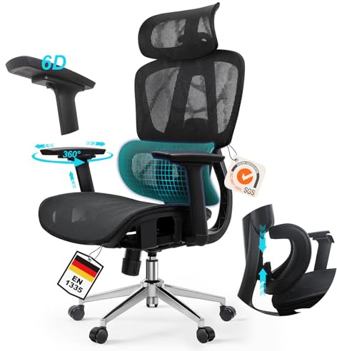 LOONDA Bürostuhl Ergonomisch, Schreibtischstuhl mit Automatischer Lendenstütze (2-Fach höhenverstellbar), 4D-Kopfstütze, 4D-Armlehnen, Atmungsaktives Mesh, Drehstuhl bis 150 kg für Home Office & Büro