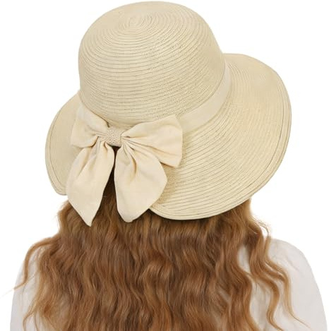 Jywmsc Sombreros de Paja para Mujer Sombrero de Playa para el Verano Sombreros de ala Ancha con Lazo a la Moda