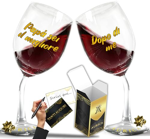 Aurìca Set 2 Calici Vino Personalizzati PAPÀ SEI IL MIGLIORE - DOPO DI ME – Bicchieri Storti Per Una Risata In Famiglia E Un Brindisi Da Campioni Con Confezione Regalo Inclusa