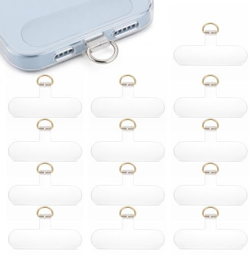 Skrfren 12 Pcs Universal Phone Lanyard Patch Transparent Phone Tether Tabs for Smartphone Cases Cellphone Strap (T Type, Gold Buckle)