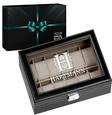 Maverton Uhrenbox mit Gravur für 12 Uhren - 30x20x8cm - Uhrenkasten aus Kunstleder - Weihnachtsgeschenke -Schwarz - Geschenk für Männer - Monogramm