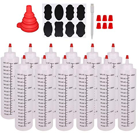 Belinlen 12 Pack 16-Ounce Plastic Squeeze Bottles with Red Cap for Food, Crafts, Art, Multi Purpose Set of 12 with extra 16 Chalk Labels 6 Red Cap and 1 Pen