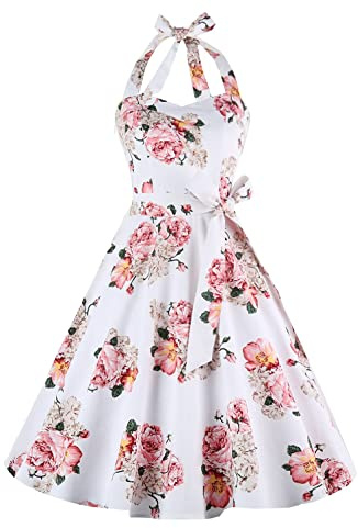 Topdress Women's Vintage Polka Audrey Dress 1950s Halter Retro Cocktail Dress Pink Flower S