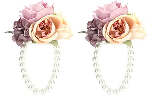 Juego de 2 brazaletes de pulsera de dama de honor, flor de muñeca nupcial, pulsera de pulsera para mujer, novia, dama de honor, boda, graduación(púrpura)