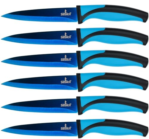 SiliSlick Ensemble de Couteaux à Steak - Couteaux en acier inoxydable avec revêtement en titane irisé/arc-en-ciel - 5 Pouces / 12,7 cm - (6 Poignée Bleue, Lame Bleue)