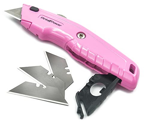 Pink Power Box Cutter Retractable, Pink Utility Knife for Carpet, Cute Box Cutter Knife Heavy Duty with 3 Blades and Storage Compartment - Opener Pocket Utility Tools for Women (1)