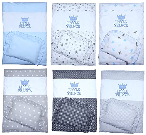Primawela Kinderwagenset Baby Kind - Prince - Bettwäsche für Kinderwagen Kinderwagendecke mit Kissen Decke (4 teilig, Star Blau)