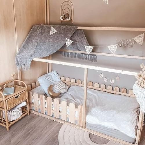 Kinderbett aus Holz - Montessori-Bett mit entnehmbarem Bettgitter/Rausfallschutz, Lattenrost - Handgemacht, nordeuropäische Qualität - Verschiedene Größen, wahlweise lackiert (140 x 200 cm, Grau)