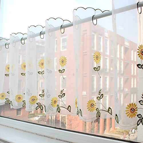 Voile Transparent Vorhang mit Sonnenblume Bestickte Landhaus Scheibengardine, 65cm Höhe Gelbe Blumen Spitzengardinen Bistrogardine, Gardine Fensterschal für Wohnzimmer, Schlafzimmer, Küche, 65x180cm