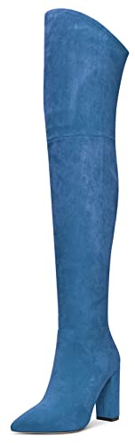 Aachcol Mujer Sobre la Rodilla Botas Chunky Ancho Alto High Heel Puntiaguada Punta Cremallera 10 CM Azul Ante 37 EU