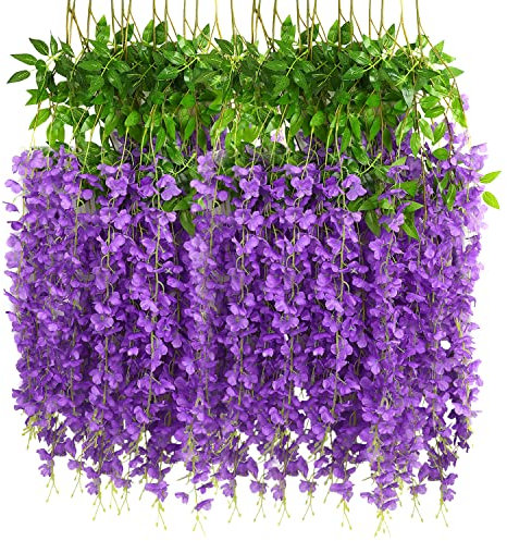 JOFONY 12 Stück Künstliche Glyzinien Blumen,Violett Glyzinien Girlande Kunstpflanzen,Kunstblumen Hängende Blauregen Seidenblumen Girlande für Hausgarten Hochzeit Dekorationen Party Decor