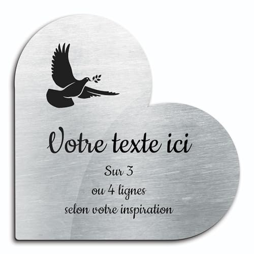 Placa grabada funeraria con diseño de una paloma con rama modelo 1 autoadhesiva, modelo corazón (15 x 15 cm) personalizada 1 a 3 líneas Alu cepillado