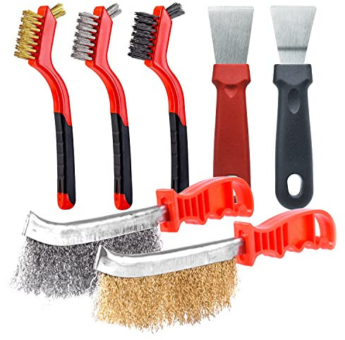 JINTANG 7 PCS Spazzola Acciaio con Manico in Plastica,spazzola metallica,spazzola ottone,per pulire macchie e macchie di olio su stufe a gas,piani cottura,cappe e angoli della cucina domestica