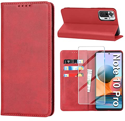 Vaki Handyhülle für Xiaomi Redmi Note 10 Pro/Note 10 Pro Max, Flip Case mit Panzerglas Schutzfolie, Leder Wallet mit Kartenfach und Standfunktion, Klapphülle, rot