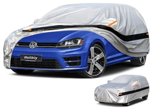 Holthly 10 Schichten Autoabdeckung 100% Wasserdicht, Auto Abdeckplane für Vollgarage Regen Sonne Staub UV Schutz. Autoplane Passend für Ford Focus, BMW 1er, Audi A3. Autogarage Silbrig C3…