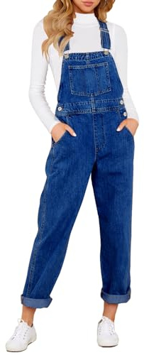 Vetinee Summer Denim Jumpsuit - Women's Western Cowgirl Overalls - Solid Long Jean Rompers - Vintage Blue Denim Dungarees - Size Medium (UK 12-14)