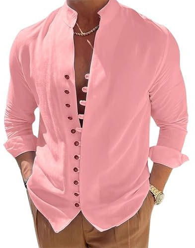 Puimentiua Camicia Lino Uomo Camicia Estiva Leggera Maniche Lunghe Uomo Camicia Henley Spiaggia con Colletto Rialzato, Rosa, XXL