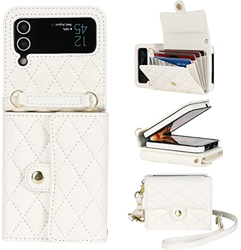 XIZYO Leder Crossbody Geldbörse Hülle für Samsung Galaxy Z Flip 3, Weiß | Brieftasche Handyhülle, mit Verstellbarem Abnehmbarem Umhängegurt, mit Kartenhalter, Einfarbig Stoßfeste, für Frauen Mädchen