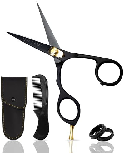 Ontaki Beard and Mustache Scissors for Men - 5.5 in, Black, Left Hand - 420C Japanese Steel Precise Sharp Blades - Complete Grooming Kit with Mustache Comb & Scissors Set