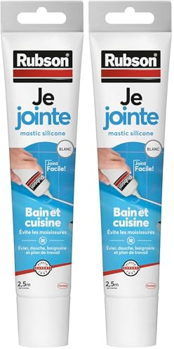 Rubson Je Jointe Mastic Blanc 50 ml, mastic étanche anti-moisissure en tube prêt à l'emploi, mastic silicone durable pour joints sanitaires spécial Bain & Cuisine (Lot de 2)