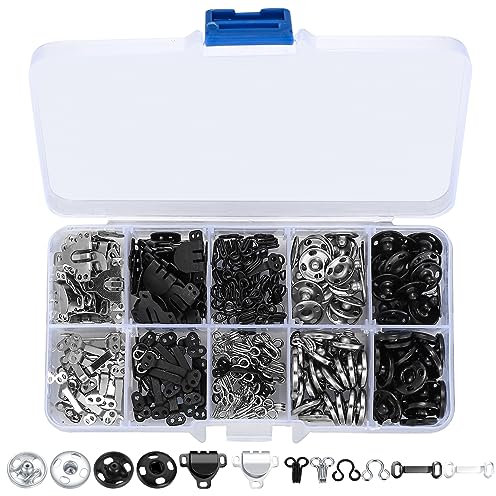 200pcs Sewing Hooks and Eyes Closure Set, 3 Styles Skirt Hook and Eye Closures Sewing Snaps Kit, Metal Snaps Buttons Fasteners Press Studs Set for Skirt, Bra, Trousers, Dress, Sewing, DIY Crafting