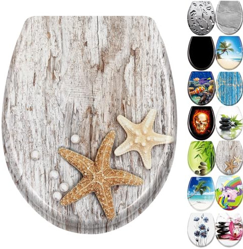 JNGLGO Toilettendeckel WC Sitz mit Absenkautomatik Antibakterielle Toilettensitz mit Klodeckel Oval Klobrille Duroplast für einfach Reinigung, Seestern Grau